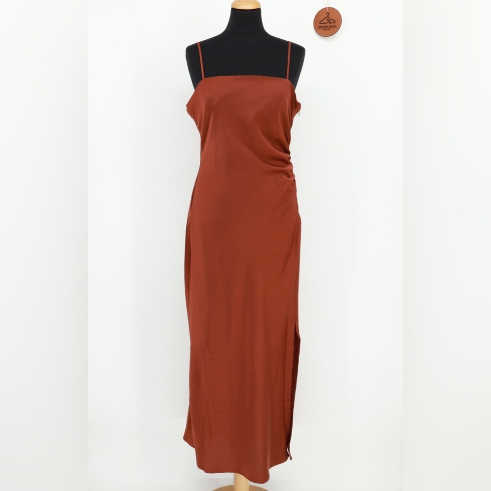 House of Harlow 1960 Rust Ruched Side Slit Maxi Slip Dress Small NWT Satin